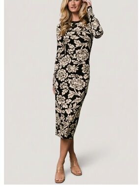 NWOT Baltic Born Marci black and cream floral midi dress with gold sparkles